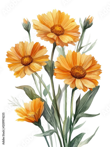 A painting of four orange flowers with green stems. The flowers are arranged in a bouquet and are the focal point of the painting. The overall mood of the painting is bright and cheerful