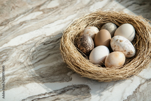 A delicate Easter composition featuring naturally colored eggs, wildflowers, and textured fabric. The soft light enhances the organic beauty of this countryside-inspired still life.

