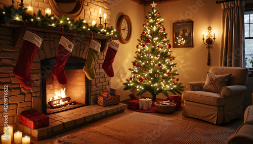 Wallpaper Mural Festive living room with decorated Christmas tree and stockings Torontodigital.ca