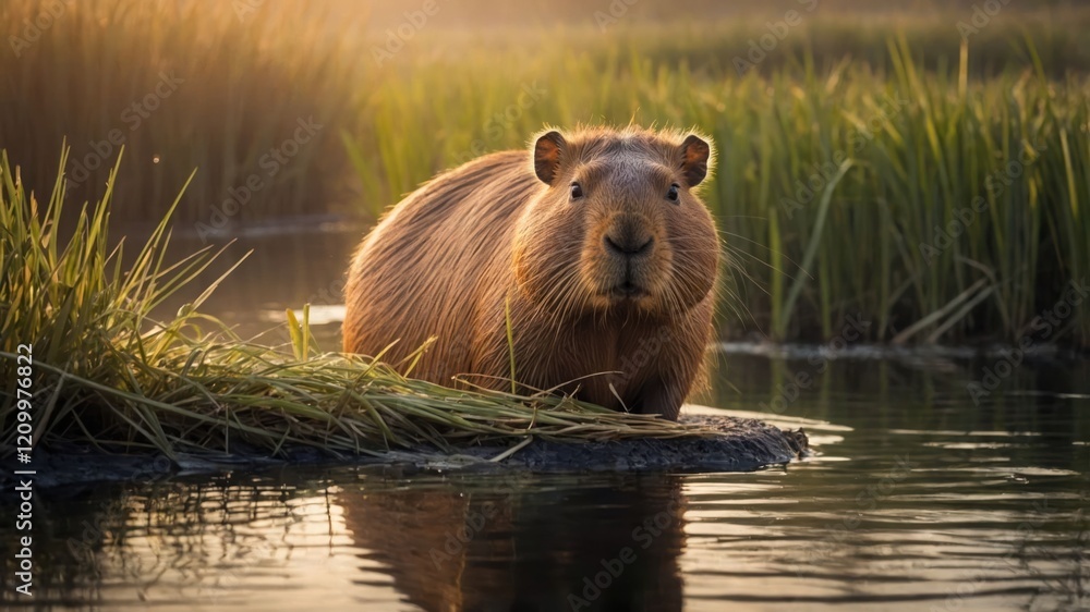 A capybara resting by the water's edge amidst tall grass during golden hour. A capybara resting by the water's edge amidst tall grass during golden hour.
