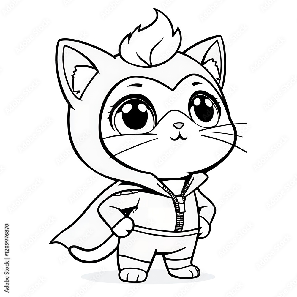 Adorable Super Cat Hero Cartoon Cute Kitten in Costume Coloring Page Illustration Adorable Super Cat Hero Cartoon Cute Kitten in Costume Coloring Page Illustration