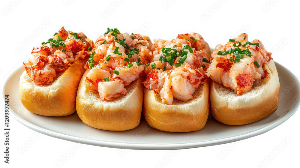 plate of four lobster rolls. each filled with succulent lobster meat. garnished with fresh chives the rolls are soft. golden-brown. and served on a white platter. highlighting the delicious seafood di plate of four lobster rolls. each filled with succulent lobster meat. garnished with fresh chives the rolls are soft. golden-brown. and served on a white platter. highlighting the delicious seafood di