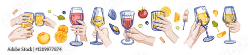 Hand holding wine glass set, vector watercolor summer drinks illustration, alcohol beverages print. Elegant champagne cocktail event clipart, Italian party cheer gesture. Wine glass object design