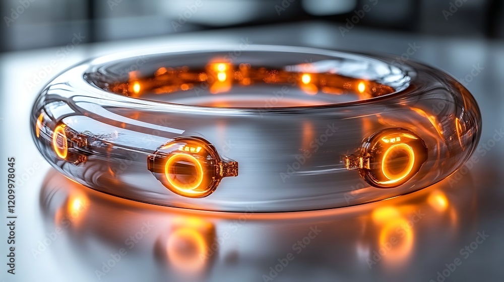 Glowing Ring of Light: A futuristic and ethereal glass ring with embedded glowing orange lights emits a warm and mesmerizing aura.