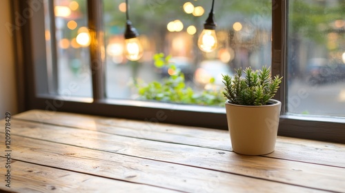 Fototapeta Naklejka Na Ścianę i Meble -  A small potted plant sits on a rustic wooden windowsill, bathed in soft light from a blurred city street outside.