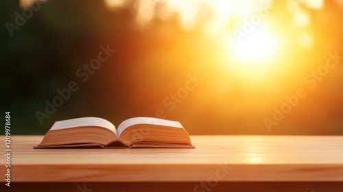 A sunlit bookshelf, gently tilted, holds an open book, all set against the backdrop of a warm and inviting sunset, creating a serene atmosphere perfect for reading photo