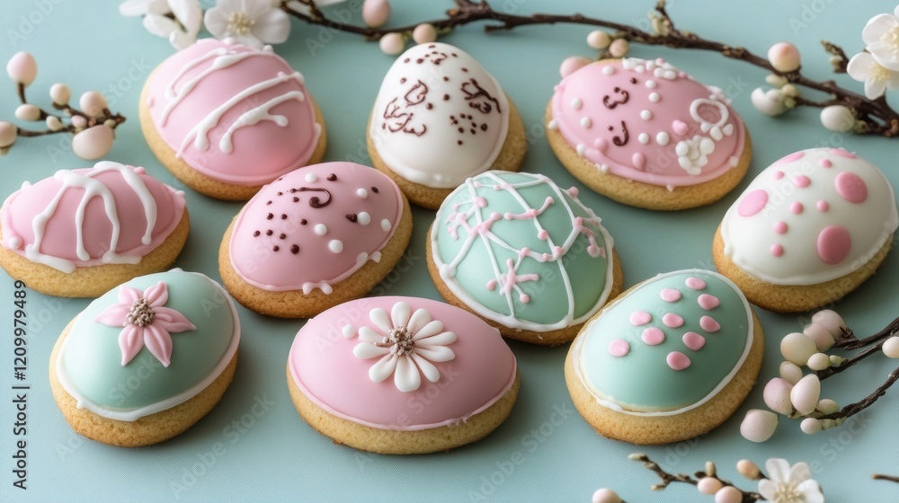 Decorative Easter Cookies with Floral Designs on Light Background Decorative Easter Cookies with Floral Designs on Light Background