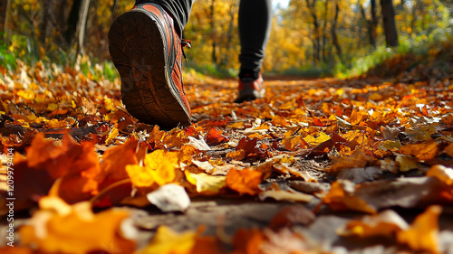 Close up of runner stride on path covered with autumn leaves
