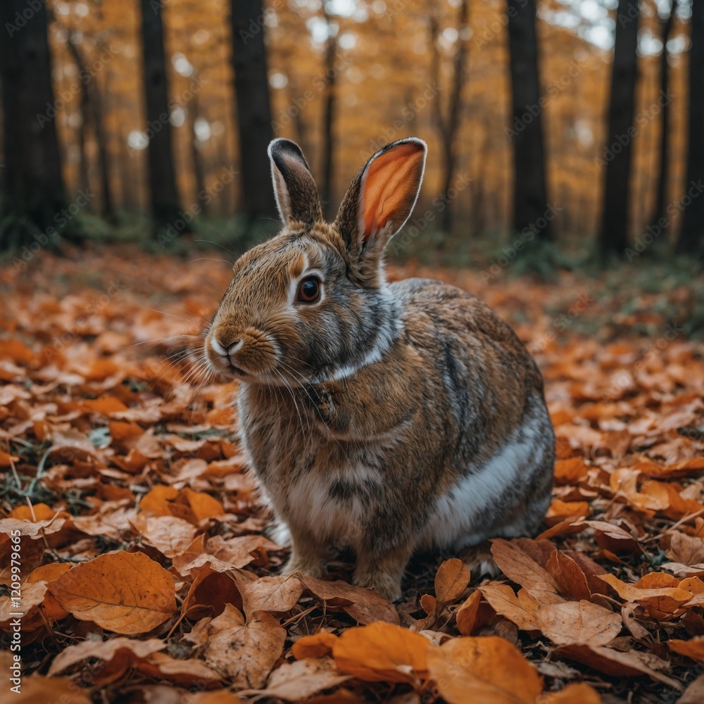 Fototapeta premium A rabbit surrounded by orange and red leaves in an autumn forest.
