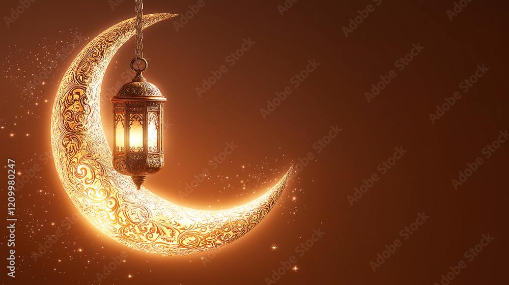 Beautiful patterned crescent moon with a luminous lantern hanging and copy space, Islamic background illustration. Beautiful patterned crescent moon with a luminous lantern hanging and copy space, Islamic background illustration.