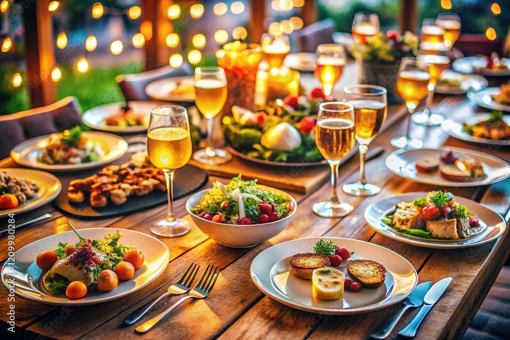 A vibrant social scene, captured from above, showcasing delectable feast. A vibrant social scene, captured from above, showcasing delectable feast.