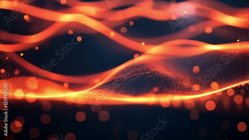 Technological waves or red flowing lines with particles against dark background 