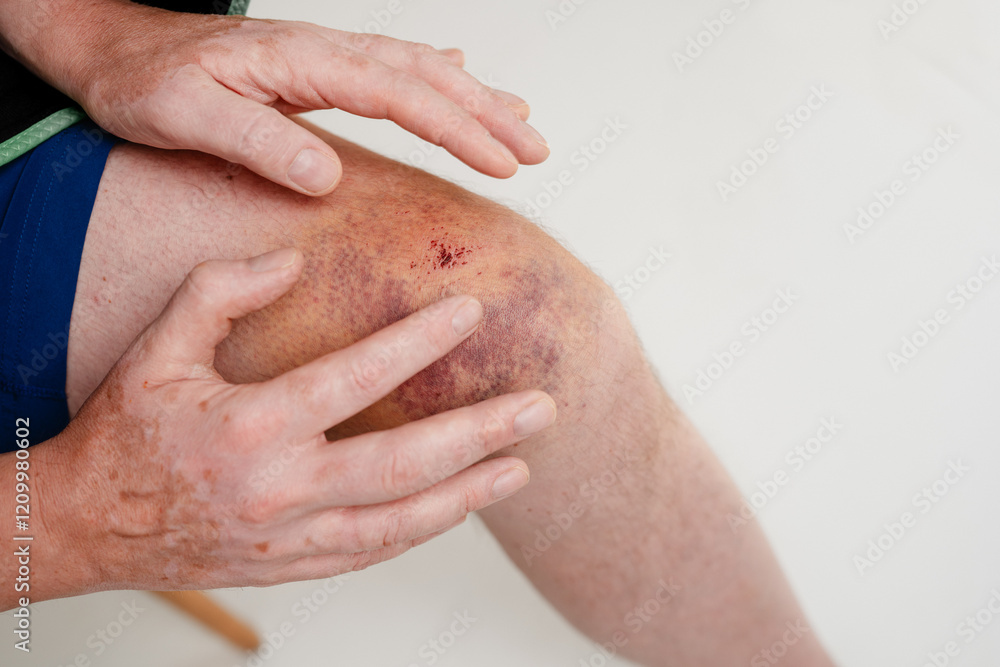 Fototapeta premium Knie nach Fahrradunfall, Hämatom in schillernden Farben am Kniegelenk, Bluterguss am Männerknie