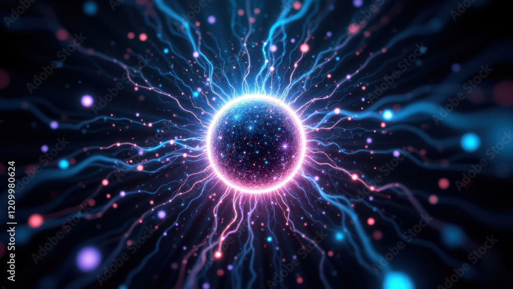 Fototapeta premium Powerful AI tech visual with a glowing sphere at its center, surrounded by dynamic energy lines.