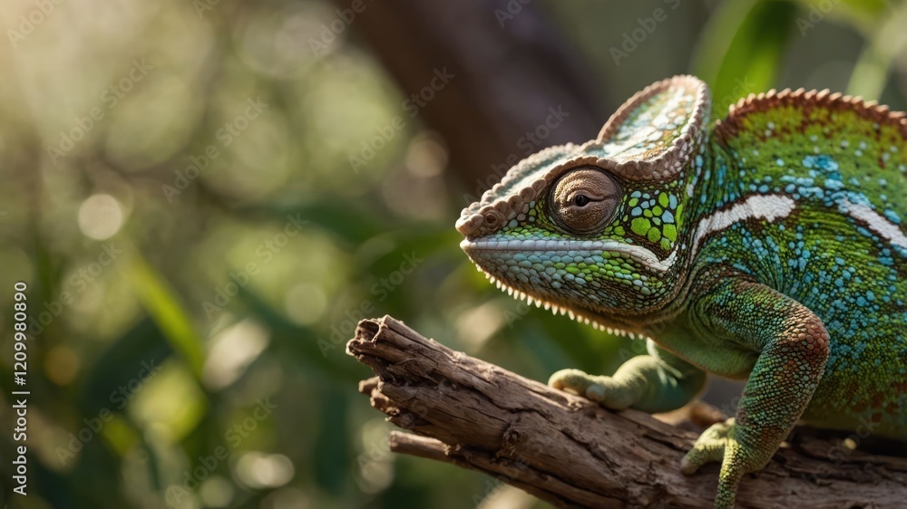 Obraz premium A close-up of a vibrant green lizard perched on a branch in a natural setting.
