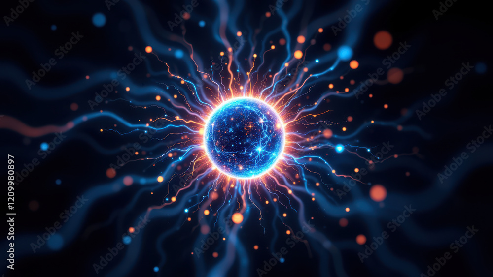 Fototapeta premium Dynamic neural network with glowing blue and orange elements for AI technology.