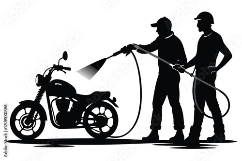 A black and white drawing of a man washing a motorcycle