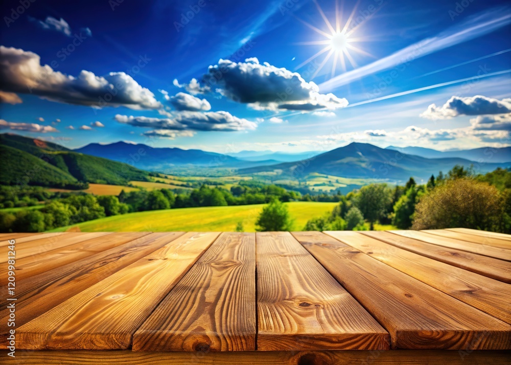 Fototapeta premium AI-generated summer scene: blue landscape, empty wood table. Documentary photo style.