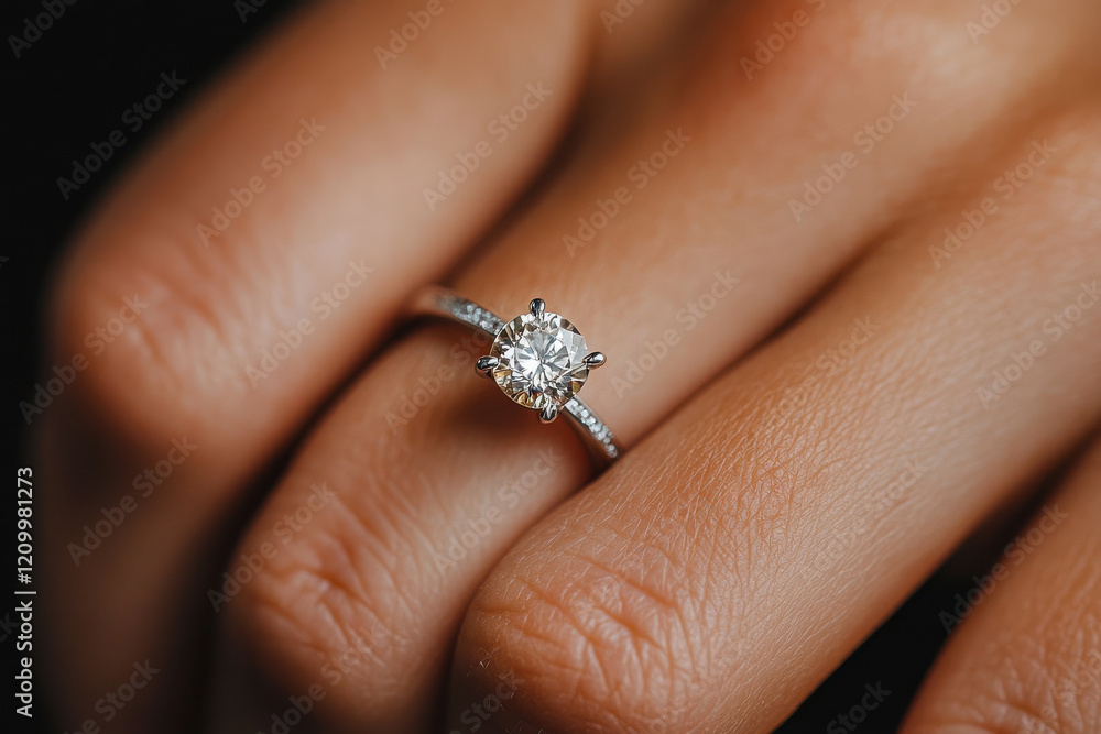 Elegant diamond engagement ring on hand displaying sparkling gemstone Elegant diamond engagement ring on hand displaying sparkling gemstone