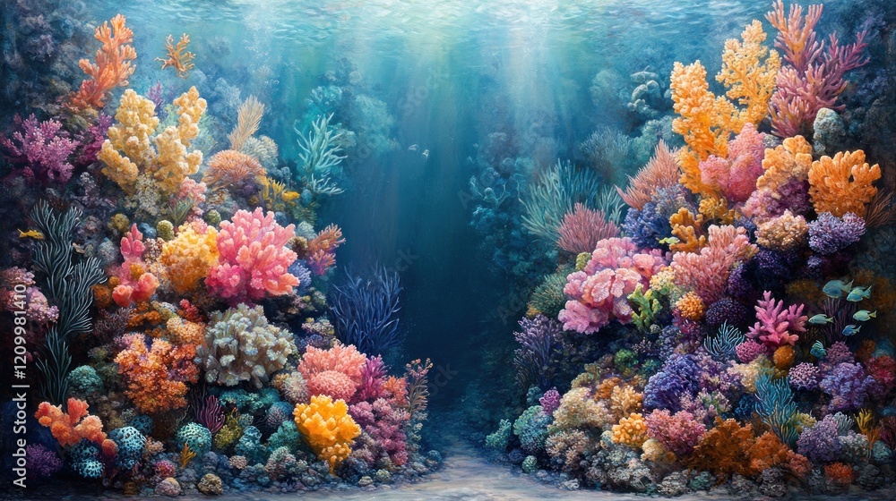 Naklejka premium Vibrant coral reef underwater scene, sunlight, ocean floor, marine life, aquarium design