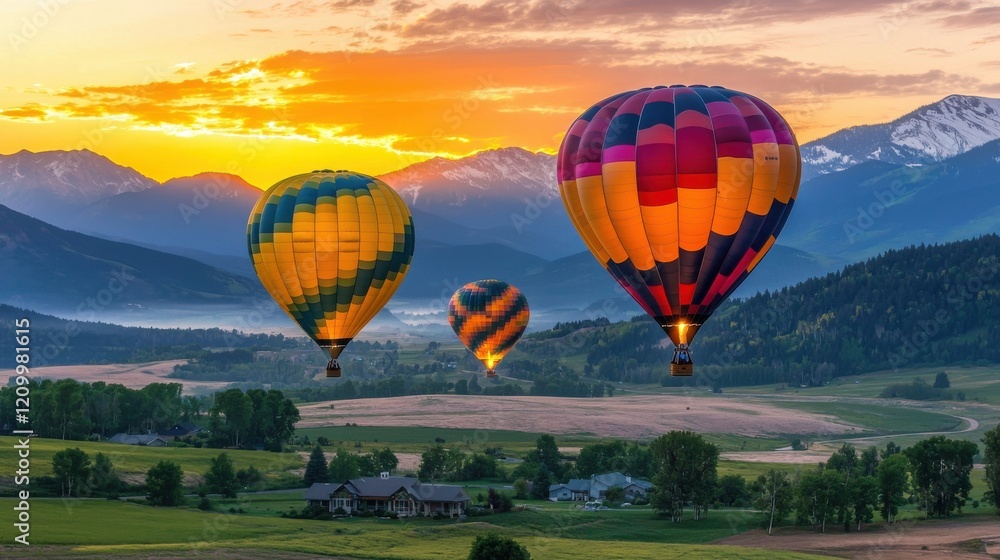 Fototapeta premium Serene Hot Air Balloons Floating Over Majestic Mountain Landscape at Sunset