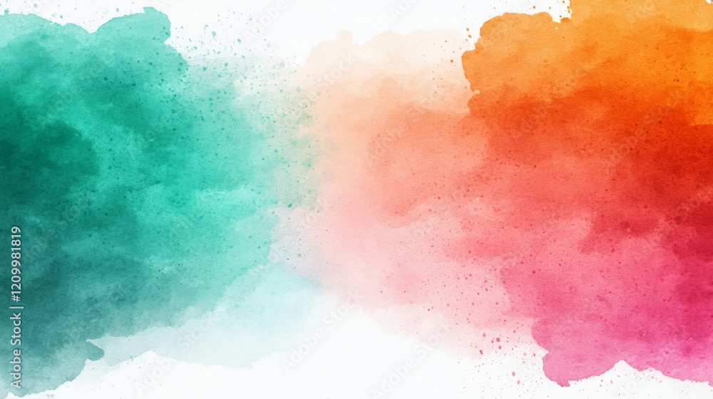 Obraz premium Abstract watercolor background with teal, orange, and pink shades, perfect for design projects or artistic presentations.