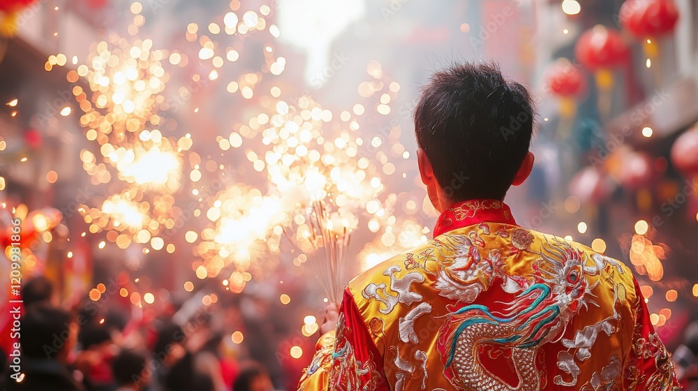 Man in Golden Embroidered Jacket with Dragon Design Celebrating Festival Surrounded by Sparklers and Colorful Background Man in Golden Embroidered Jacket with Dragon Design Celebrating Festival Surrounded by Sparklers and Colorful Background