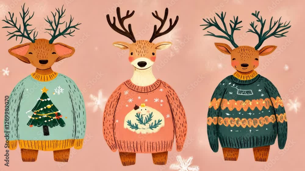 Creative illustration of festive deer wearing colorful sweaters with Christmas themes Creative illustration of festive deer wearing colorful sweaters with Christmas themes