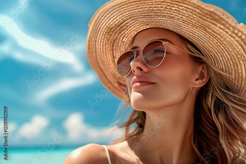 Young woman wearing sunglasses and sunhat enjoying sunny day at beach