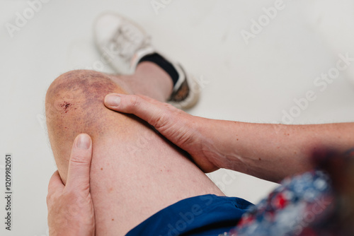 Knie nach Fahrradunfall, Hämatom in schillernden Farben am Kniegelenk, Bluterguss am Männerknie