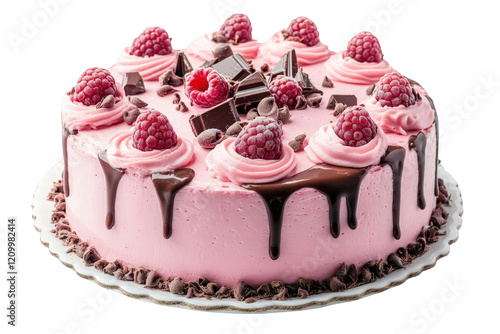 beautifully decorated pink cake topped with fresh raspberries. chocolate pieces. and swirls of frosting. ideal for celebrations like birthdays or special occasions the cake is presented on a decorativ photo