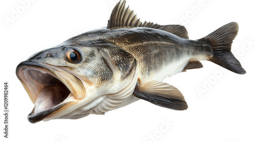 full-bodied bass fish with its mouth open. showcasing its detailed scales and vibrant colors against a white background this depiction highlights the fish's anatomy and is likely intended for educatio photo