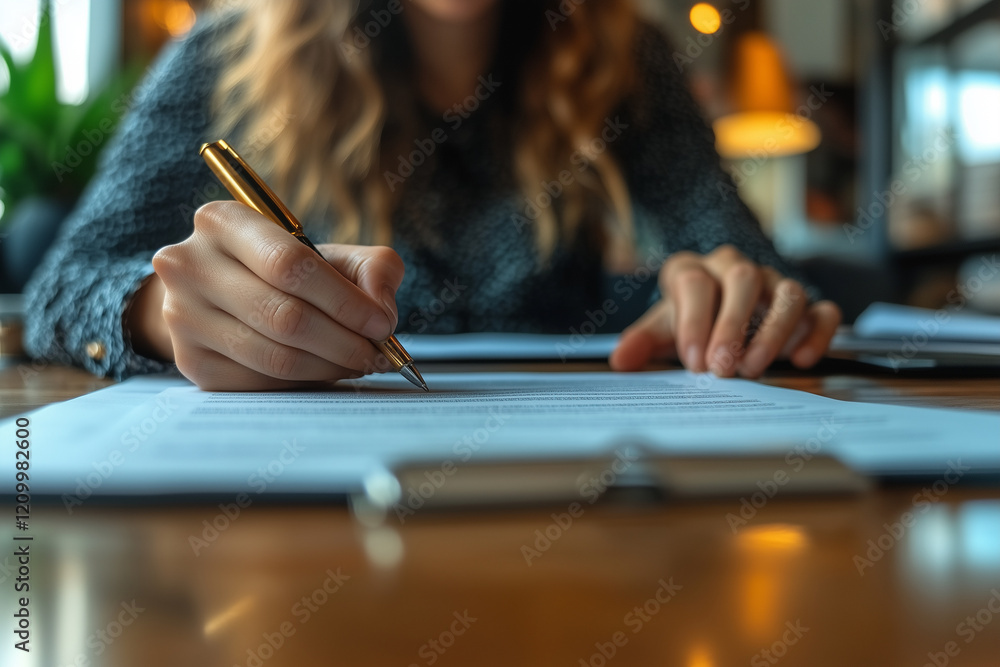 Office workers reviewing contracts and signing agreements at a polished table. Bright lighting, contrast