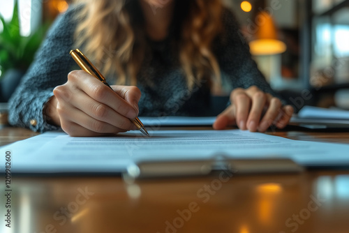 Obraz na płótnie Office workers reviewing contracts and signing agreements at a polished table. Bright lighting, contrast w salonie