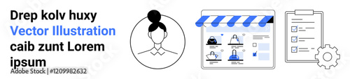Woman s silhouette with bun hairstyle, window showcasing online shopping page, checklist with gear icon symbolism. Ideal for digital marketing, user profiles, e-commerce, planning, business strategy