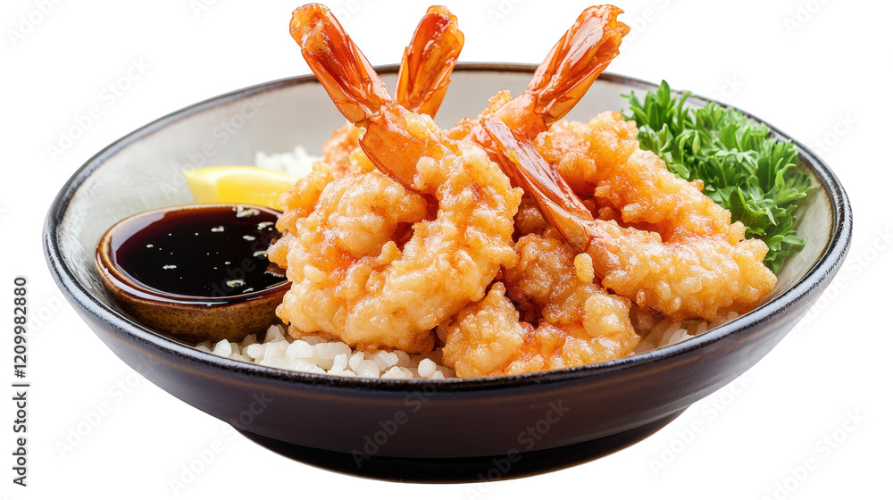 bowl of shrimp dish. showcasing crispy fried shrimp garnished with parsley and lemon. accompanied by a small dish of soy sauce the presentation highlights the food's texture and color. making it appea bowl of shrimp dish. showcasing crispy fried shrimp garnished with parsley and lemon. accompanied by a small dish of soy sauce the presentation highlights the food's texture and color. making it appea