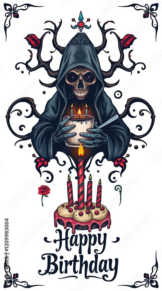 Skeleton with birthday cake and candles celebrating Skeleton with birthday cake and candles celebrating