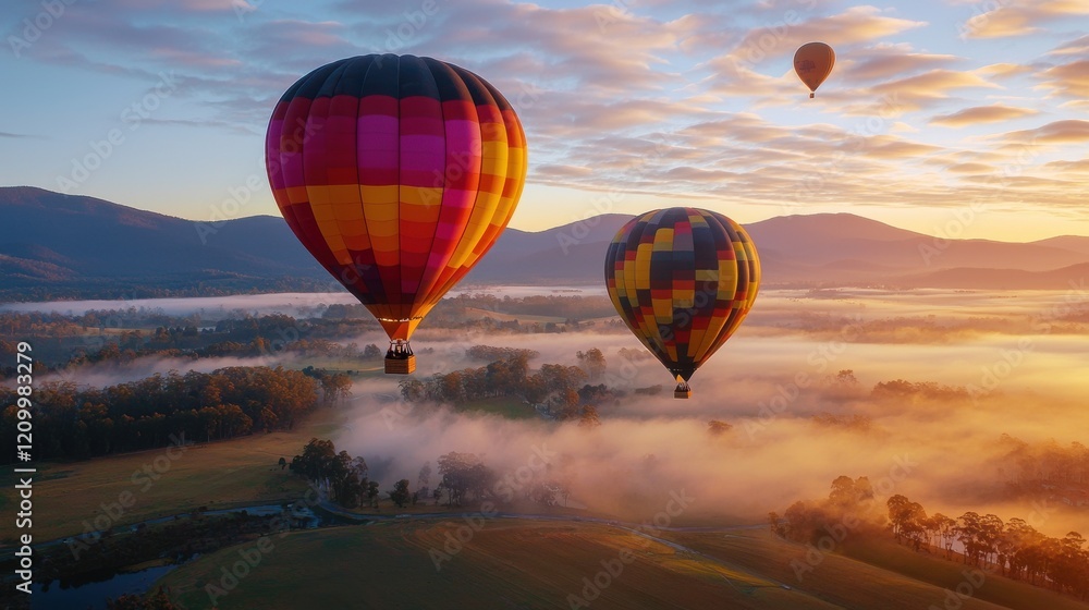 Naklejka premium Colorful Hot Air Balloons Soaring Above Misty Mountain Landscape at Breathtaking Sunset Scenery