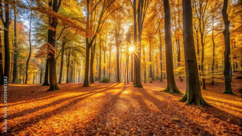 Obraz premium Golden Autumn Sunlight Illuminates a Pathway Through a Canopy of Trees
