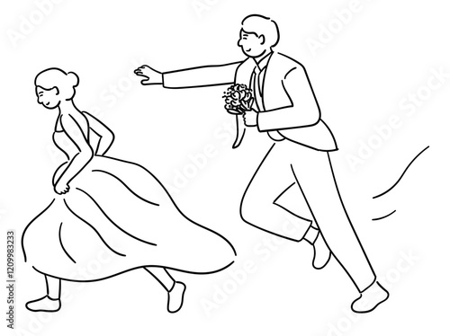 Wedding couple, groom is chasing after the bride as she runs vector illustration