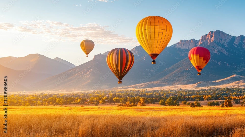 Fototapeta premium Hot Air Balloons Soaring Over Picturesque Mountain Landscape at Sunrise or Sunset