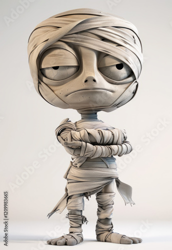 Mummy character in a playful pose with tattered wrappings against a simple background