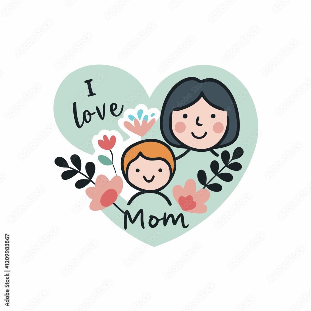 STICKER DESIGN Of delicate floral patterns, a smiling mom and child STICKER DESIGN Of delicate floral patterns, a smiling mom and child