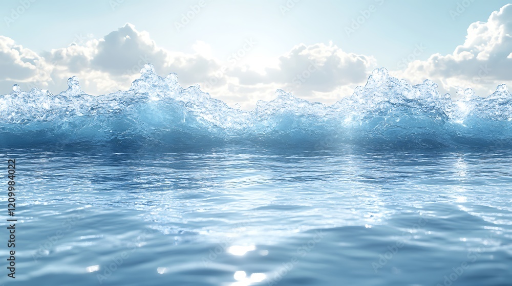 Fototapeta premium Frozen Ocean Horizon: A mesmerizing scene of shimmering ice formations rising from the vast, crystal-clear ocean, bathed in the soft glow of the sun. The contrast between the smooth.