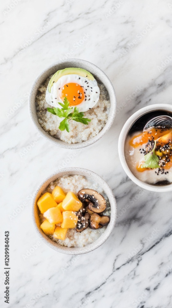 Delicious trio of tiny bowls with colorful toppings and clean design Delicious trio of tiny bowls with colorful toppings and clean design