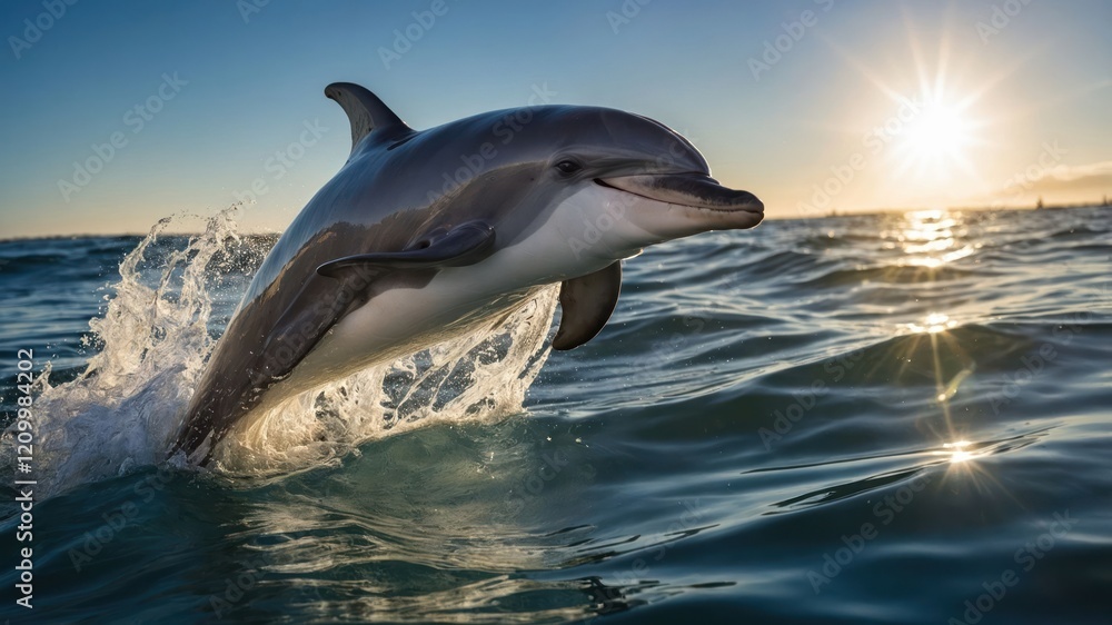 Fototapeta premium A dolphin leaps out of the water at sunset, creating a dynamic and vibrant scene.