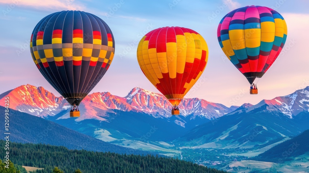 Fototapeta premium Vibrant Hot Air Balloons Soaring Over Majestic Mountain Landscape at Sunrise or Sunset