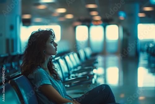 Pensive young woman sitting in airport terminal waiting for her flight