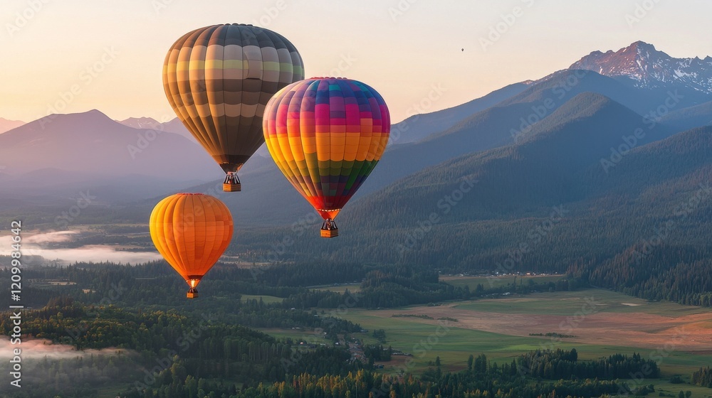 Fototapeta premium Colorful Hot Air Balloons Soaring Over Breathtaking Mountain Landscape at Tranquil Sunrise