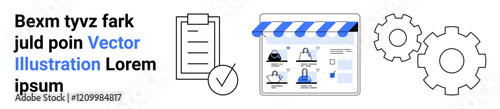 Online storefront with website icon, checklist, and gears. Ideal for e-commerce, business setup, marketing strategies, process optimization, online shopping, task management and digital solutions